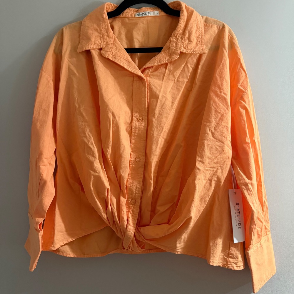 Stateside Twist Front Button Down Shirt Womens Large Orange NWT Long Sleeve USA